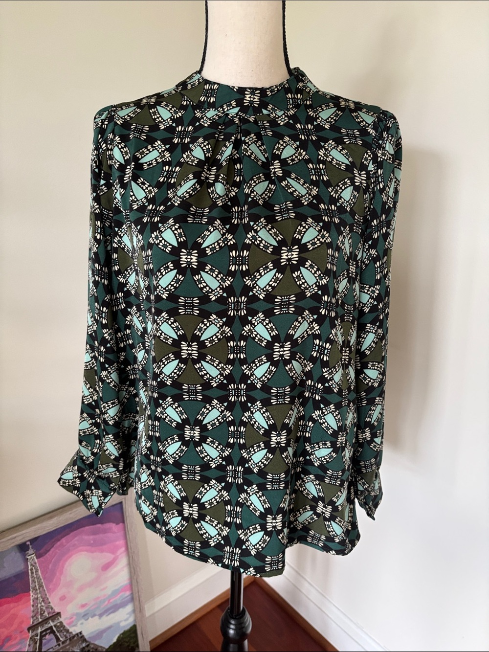 Daisy Teal and Black Geometric Long-Sleeve Blouse